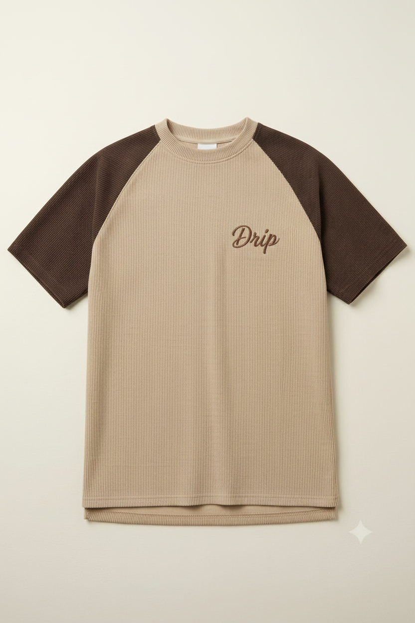 Camiseta en Pana Beige y Café Mangas Raglán 'DRIP'