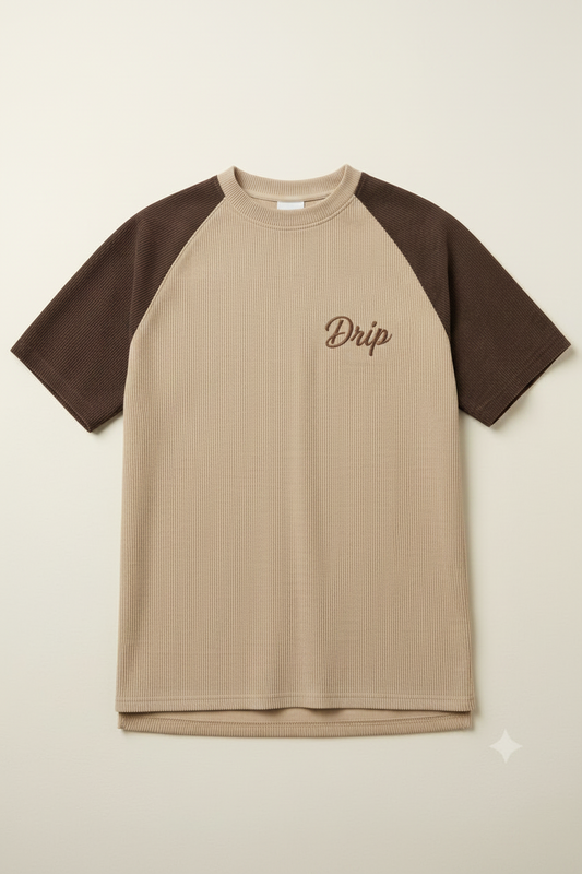 Camiseta en Pana Beige y Café Mangas Raglán 'DRIP'