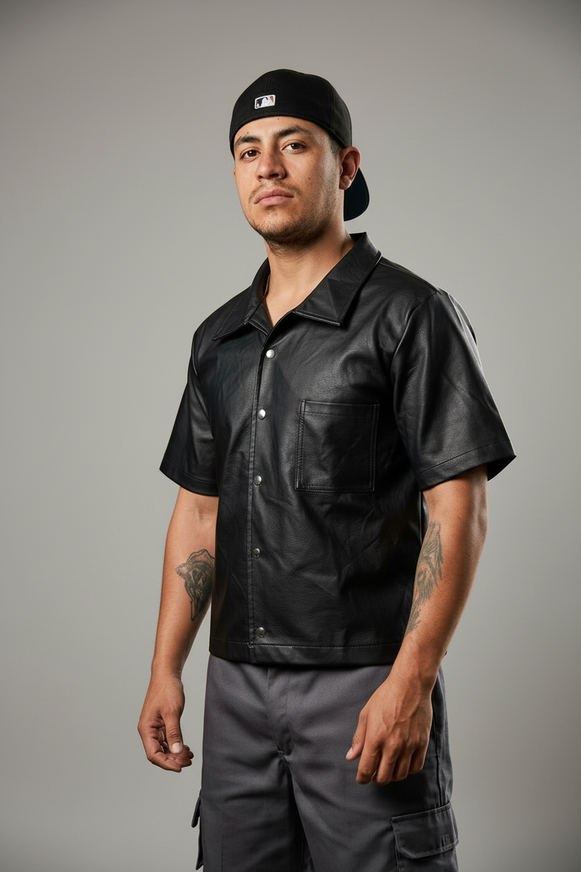 Camisa Manga Corta Negra en Cuero con Broches